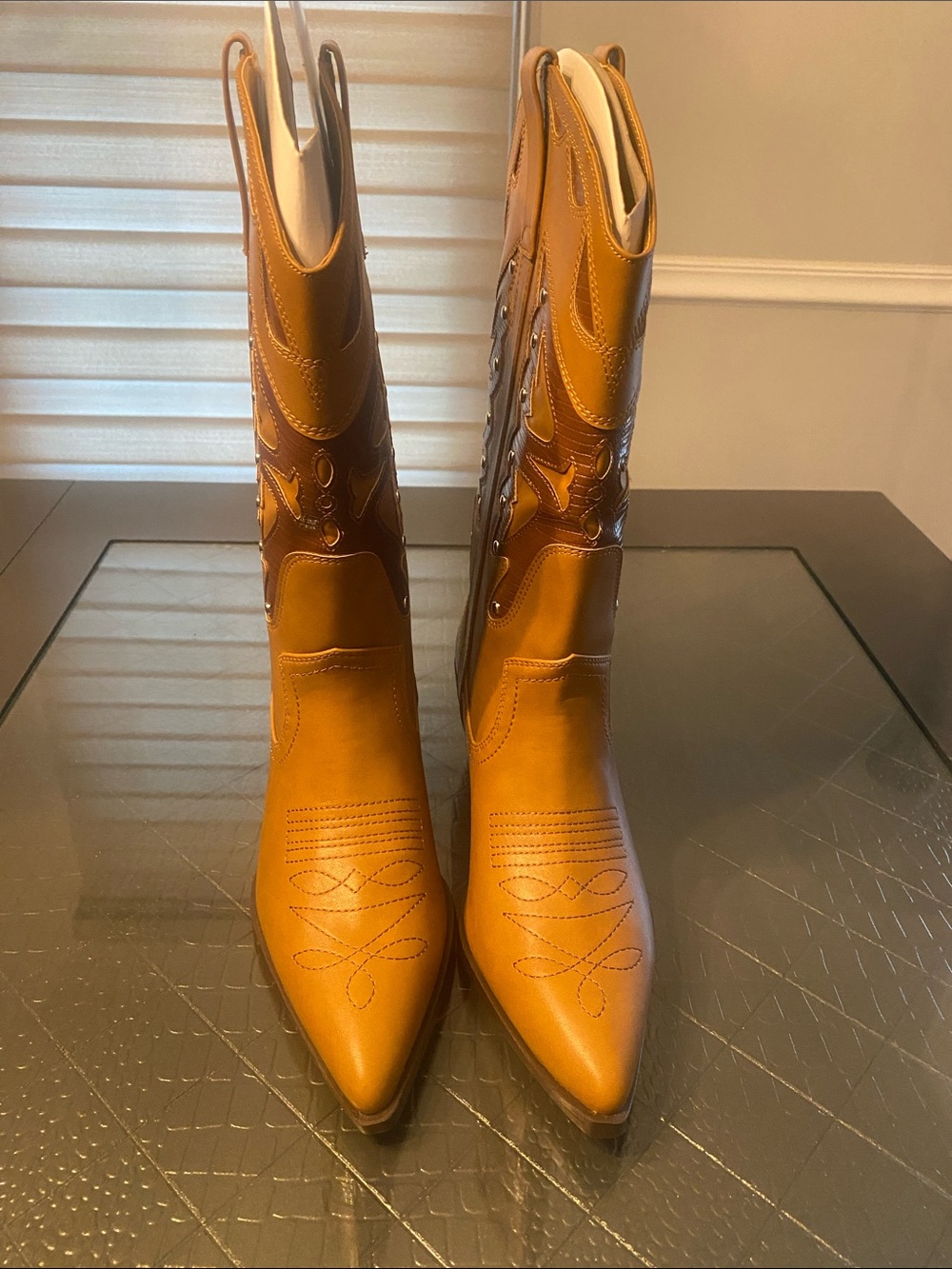 Madden Girl Tan Western Embroidered Pointed-Toe Heeled Boots